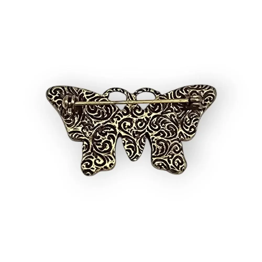 Butterfly Brooch Multi Color Rhinestone Gold Filigree Pin Storybook Romantic